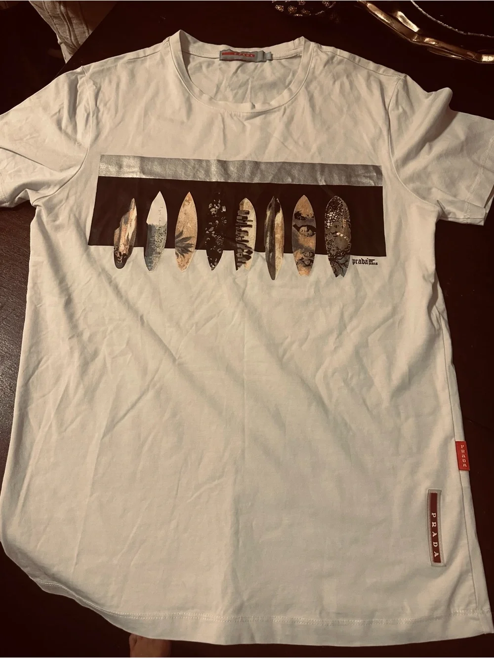 Prada White Graphic Surfboard Crew Neck T-Shirt